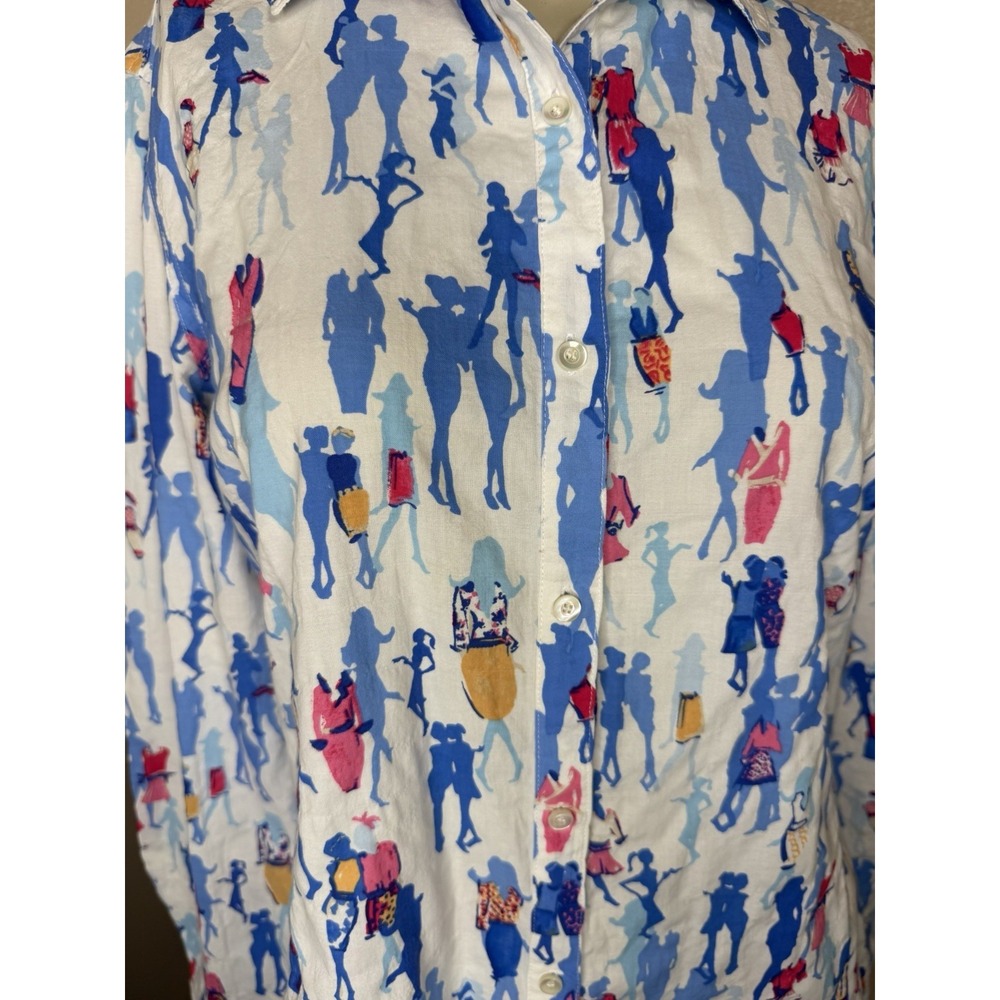 J McLaughlin Women's M Button Front Shirt Blue Pink Novelty Print Cotton Blouse - Picture 2 of 5